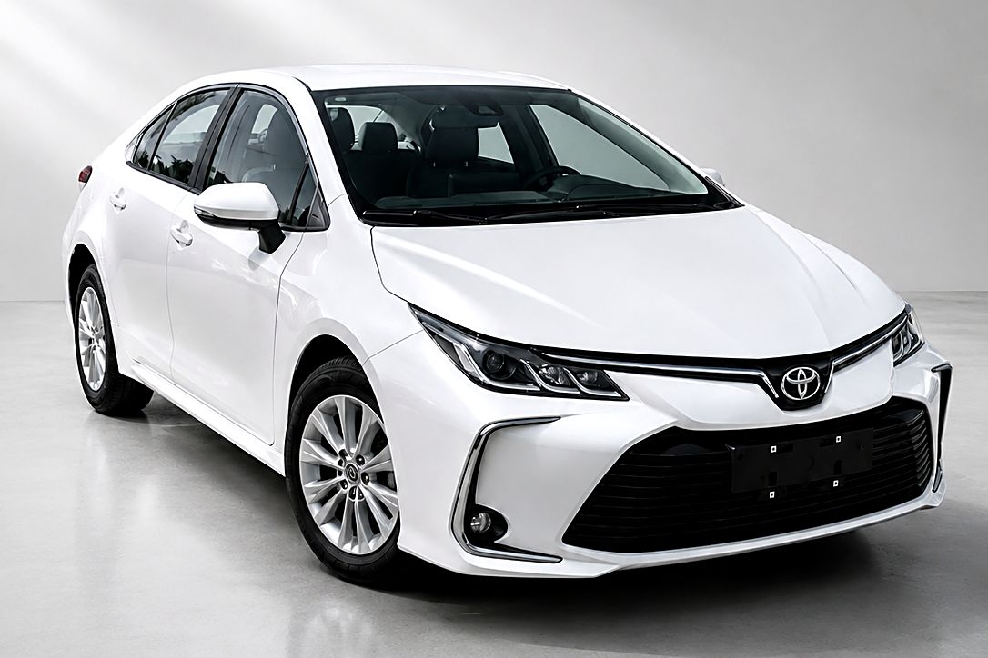 Новая белая Toyota Corolla, студийное фото, передний ракурс три четверти